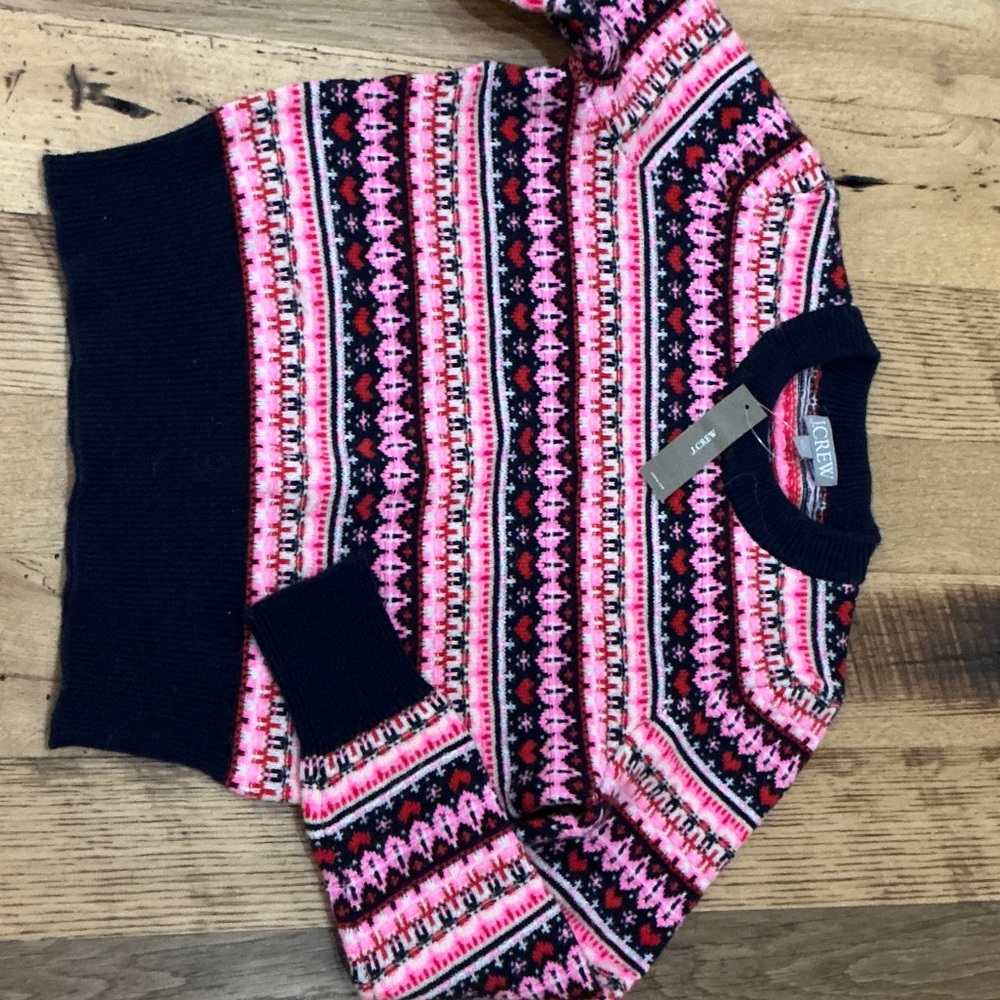 J. Crew Pink and Black Patterned Crew Neck Sweater